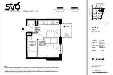 Rzut - Mieszkanie na sprzedaż 1 pokój o powierzchni 27,78 m² - numer 1.1 w Nowa Strycharska | STR 6