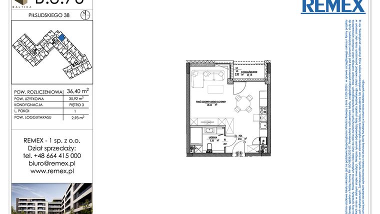 Rzut - Mieszkanie na sprzedaż 1 pokój o powierzchni 36,4 m² - numer B.3.76 w Osiedle BALTICA