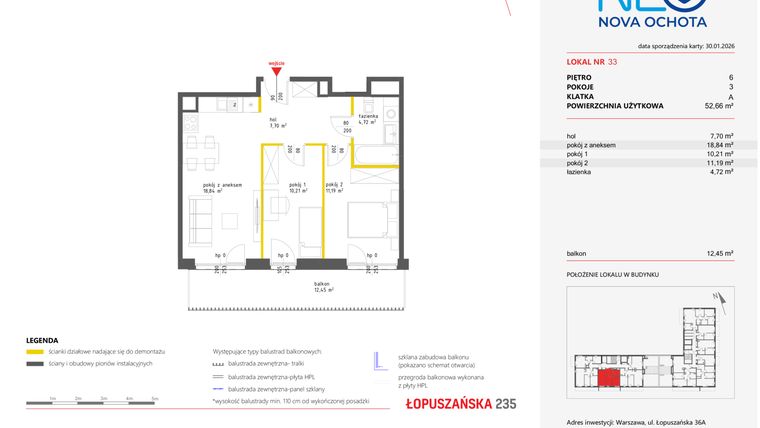 Rzut - Mieszkanie na sprzedaż 3 pokoje o powierzchni 52,64 m² - numer 33 w Neo Nova Ochota