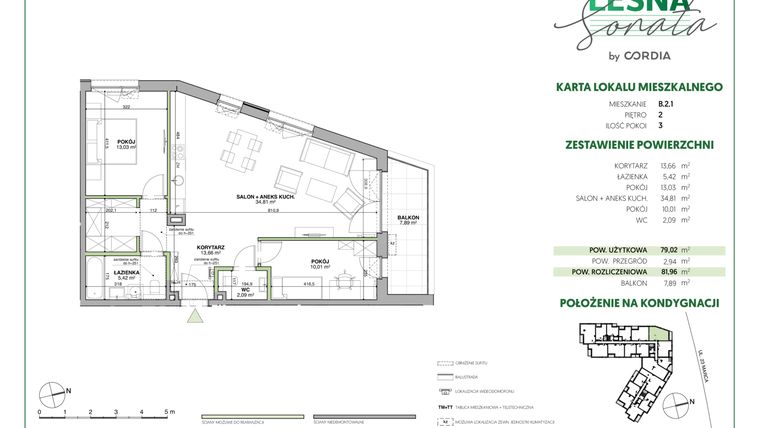 Rzut - Mieszkanie na sprzedaż 3 pokoje o powierzchni 82,02 m² - numer B.2.1 w Leśna Sonata