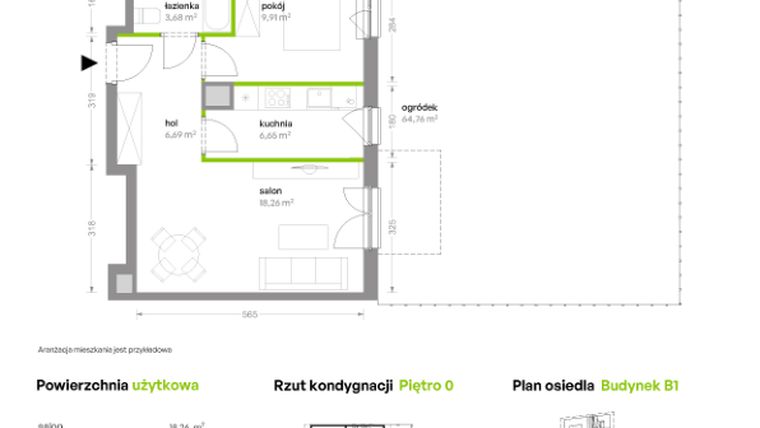 Rzut - Mieszkanie na sprzedaż 2 pokoje o powierzchni 45,19 m² - numer B1/0/A2 w Bemowo Vita