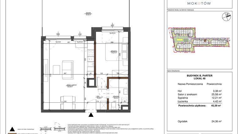 Rzut - Mieszkanie na sprzedaż 2 pokoje o powierzchni 45,62 m² - numer 48 w Aura Mokotów II