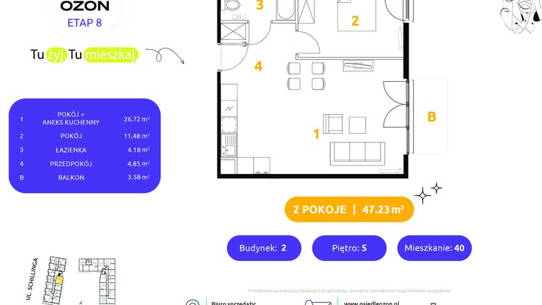 Rzut - Mieszkanie na sprzedaż 2 pokoje o powierzchni 47,23 m² - numer 2.40 w Osiedle Ozon etap VIII