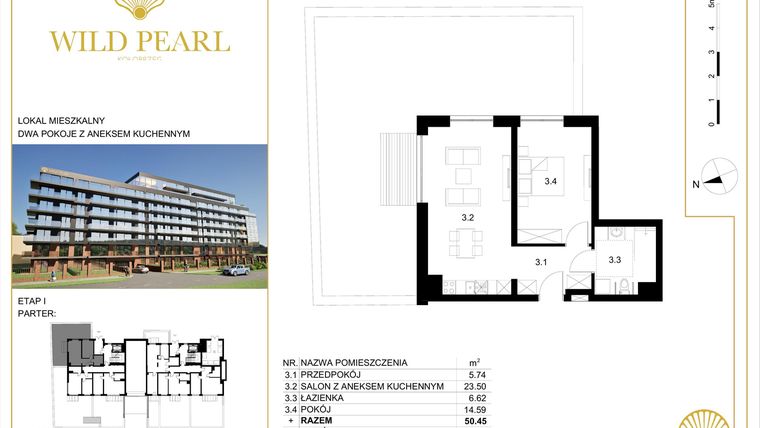 Rzut - Mieszkanie na sprzedaż 2 pokoje o powierzchni 50,45 m² - numer 0.3 w Wild Pearl