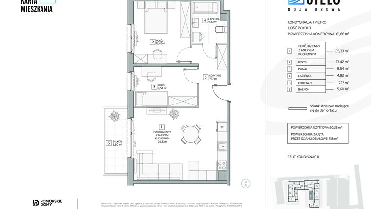 Rzut - Mieszkanie na sprzedaż 3 pokoje o powierzchni 61,66 m² - numer 21 w Stelo