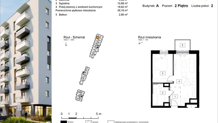 Rzut - Mieszkanie na sprzedaż 2 pokoje o powierzchni 39,93 m² - numer A.29 w Osiedle Kochanowskiego - Gliwice