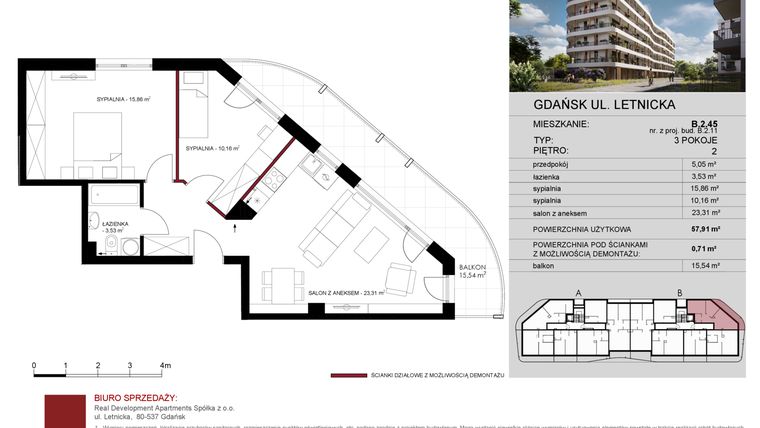 Rzut - Mieszkanie na sprzedaż 3 pokoje o powierzchni 57,91 m² - numer B.2.45 w Letnicka Residence