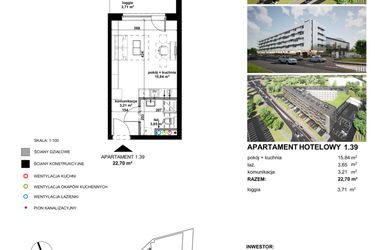 Rzut - Mieszkanie na sprzedaż 1 pokój o powierzchni 22,62 m² - numer 1.39 w Apartamentowiec Zwycięska 3 - inwestycyjne