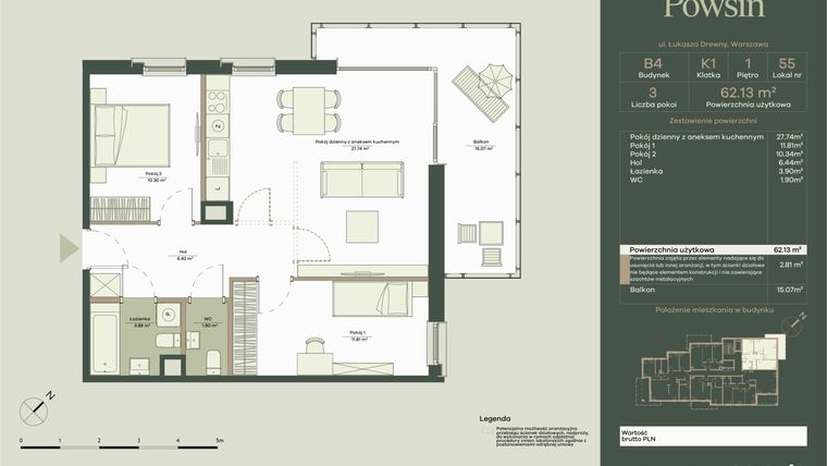 Rzut - Mieszkanie na sprzedaż 3 pokoje o powierzchni 62,13 m² - numer B4/55 w Onelife Powsin
