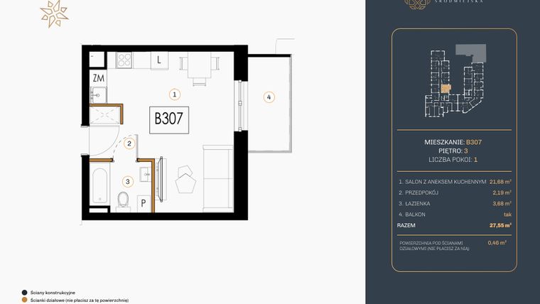 Rzut - Mieszkanie na sprzedaż 1 pokój o powierzchni 27,55 m² - numer B.307 w Rezydencja Śródmiejska