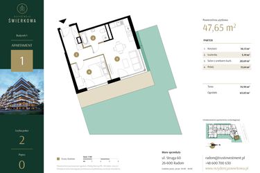 Rzut - Mieszkanie na sprzedaż 2 pokoje o powierzchni 47,65 m² - numer 1 w Rezydencja Świerkowa
