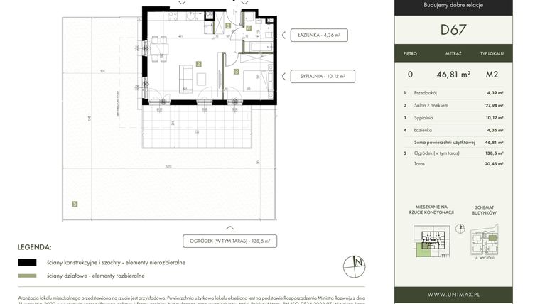 Rzut - Mieszkanie na sprzedaż 2 pokoje o powierzchni 46,81 m² - numer D67 w Quattro Ursynów