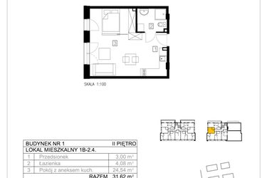 Rzut - Mieszkanie na sprzedaż 1 pokój o powierzchni 31,62 m² - numer 1B-2.4 w Gardenia Pogodno