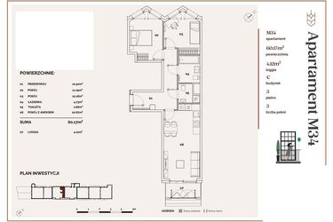 Rzut - Mieszkanie na sprzedaż 3 pokoje o powierzchni 60,17 m² - numer C.34 w Młyny Mogilska