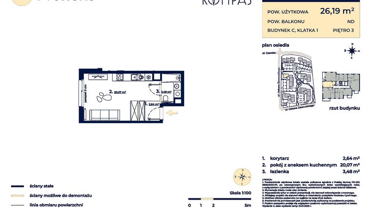 Rzut - Mieszkanie na sprzedaż 1 pokój o powierzchni 26,19 m² - numer C18 w Osiedle Kompas