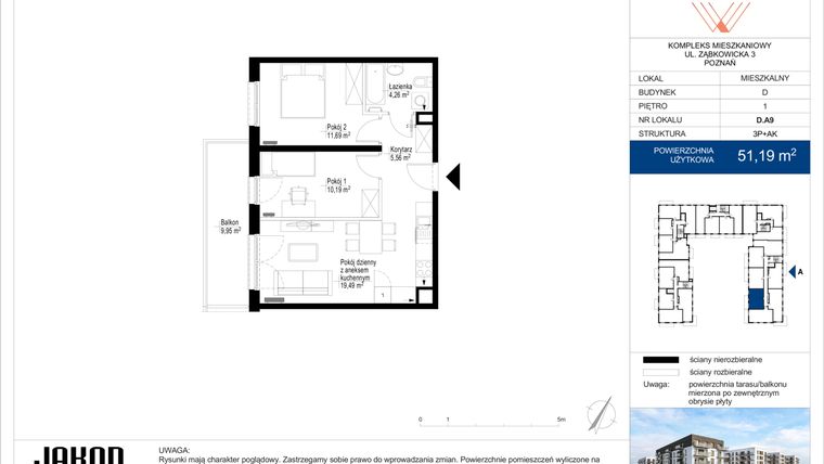 Rzut - Mieszkanie na sprzedaż 3 pokoje o powierzchni 51,19 m² - numer D.A9 w Wieruszowska D