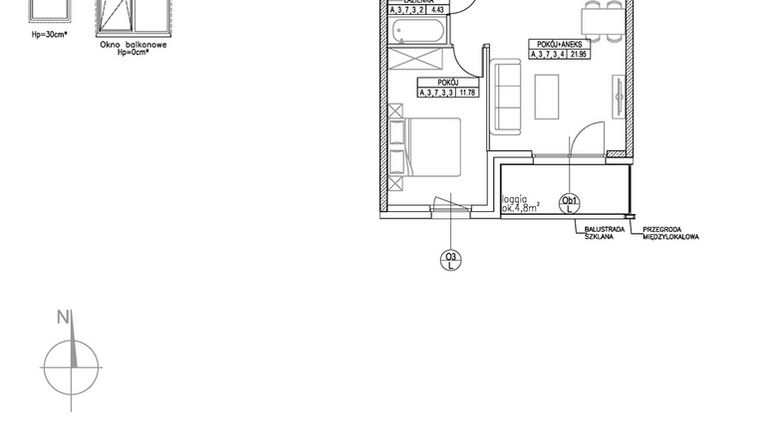 Rzut - Mieszkanie na sprzedaż 2 pokoje o powierzchni 42,89 m² - numer A.3.7.3 w Forma