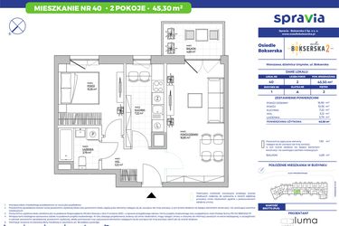 Rzut - Mieszkanie na sprzedaż 2 pokoje o powierzchni 45,3 m² - numer B1.40 w Osiedle Bokserska 2