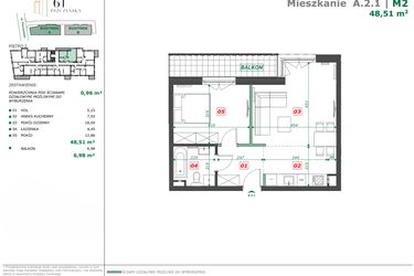 Rzut - Mieszkanie na sprzedaż 2 pokoje o powierzchni 49,47 m² - numer A.2.1 w Apartamenty Pszczyńska