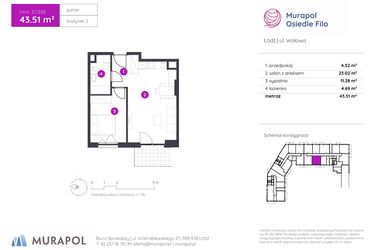 Rzut - Mieszkanie na sprzedaż 2 pokoje o powierzchni 43,51 m² - numer 2.C.0.02 w Murapol Osiedle Filo etap II