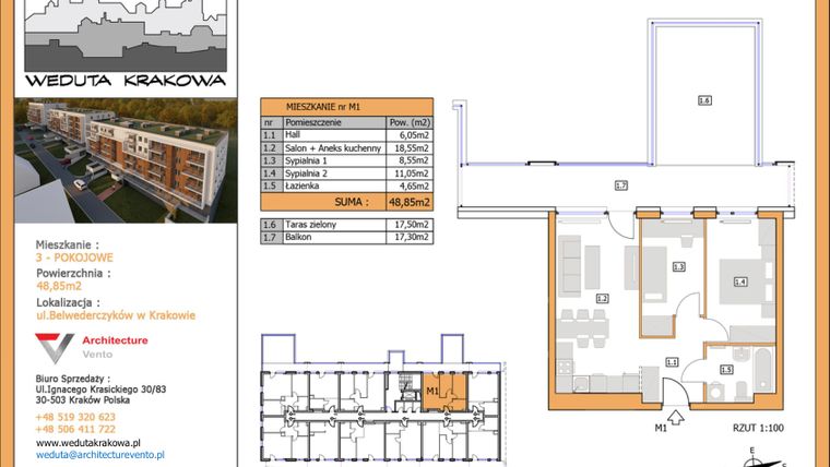 Rzut - Mieszkanie na sprzedaż 3 pokoje o powierzchni 48,85 m² - numer M1 w Weduta Krakowa