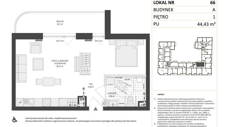 Rzut - Mieszkanie na sprzedaż 1 pokój o powierzchni 44,43 m² - numer A.66 w Esencja
