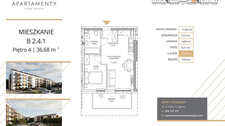 Rzut - Mieszkanie na sprzedaż 2 pokoje o powierzchni 36,68 m² - numer B2.4.1 w Apartamenty Nowe Miasto