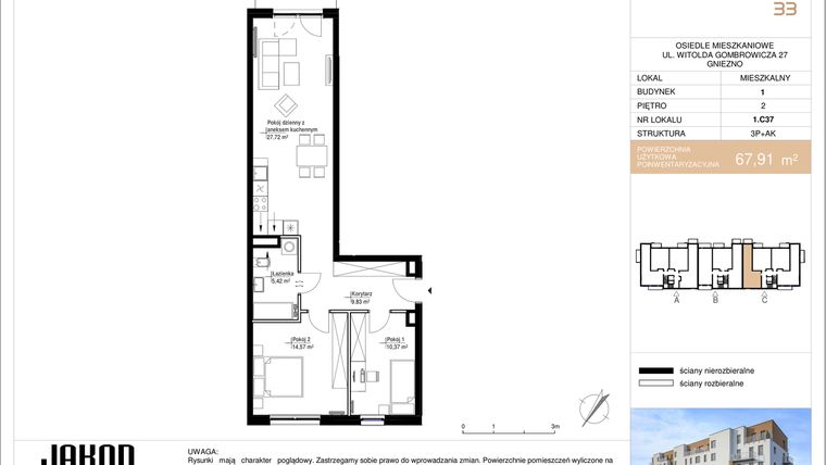 Rzut - Mieszkanie na sprzedaż 3 pokoje o powierzchni 67,91 m² - numer 1.C37 w Gombrowicza 33