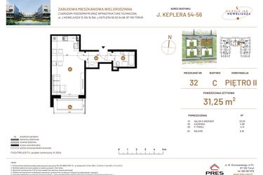 Rzut - Mieszkanie na sprzedaż 1 pokój o powierzchni 31,25 m² - numer JAR-III-C-LM-M32 w Osiedle JAR Heweliusza etap III