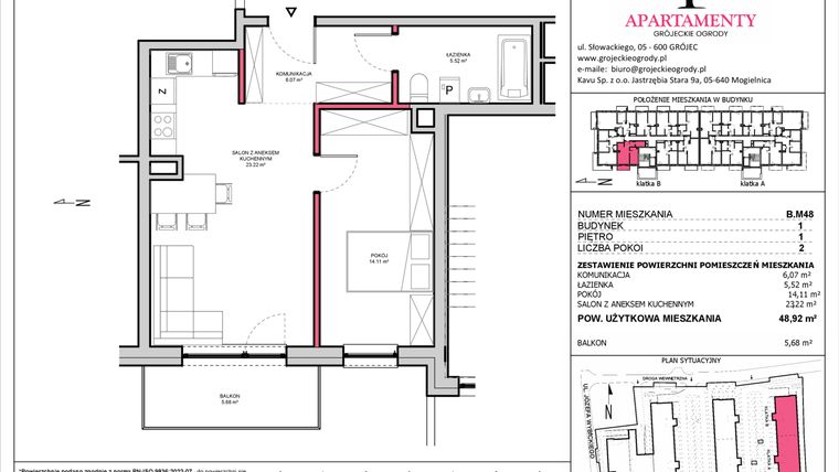 Rzut - Mieszkanie na sprzedaż 2 pokoje o powierzchni 48,92 m² - numer B.48 w Apartamenty Grójeckie Ogrody