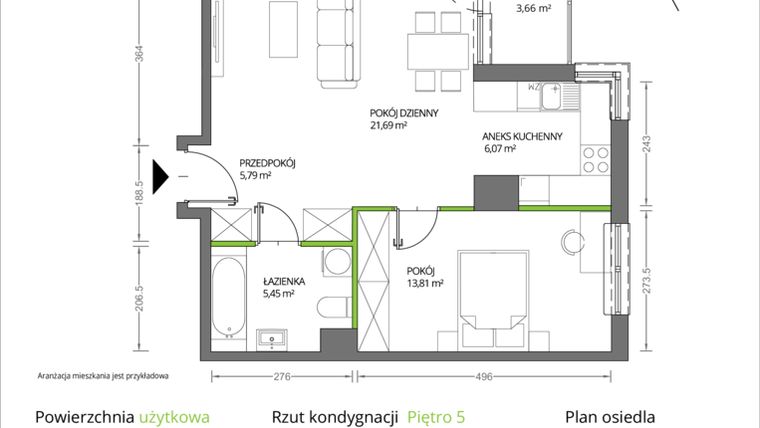 Rzut - Mieszkanie na sprzedaż 2 pokoje o powierzchni 52,81 m² - numer 1/018 w Krakowska Vita