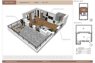 Rzut - Mieszkanie na sprzedaż 1 pokój o powierzchni 44,75 m² - numer L01 w Przy Parku etap II