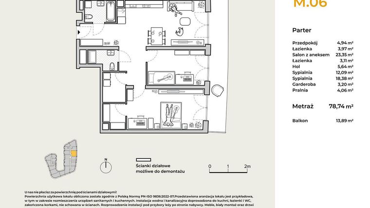 Rzut - Mieszkanie na sprzedaż 3 pokoje o powierzchni 78,74 m² - numer M06 w Baja Piaśniki
