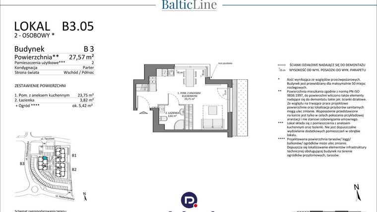 Rzut - Mieszkanie na sprzedaż 1 pokój o powierzchni 27,57 m² - numer B3.05 w Baltic Line