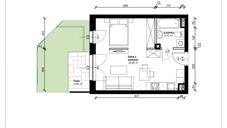 Rzut - Mieszkanie na sprzedaż 1 pokój o powierzchni 34,06 m² - numer B.0.19.1a w ATRIUM