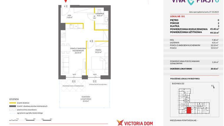 Rzut - Mieszkanie na sprzedaż 2 pokoje o powierzchni 45,4 m² - numer 101 w Viva Piast 6