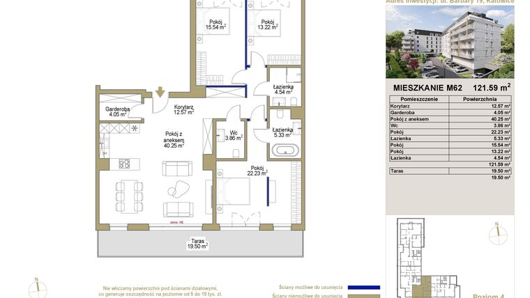 Rzut - Mieszkanie na sprzedaż 4 pokoje o powierzchni 121,59 m² - numer 62 w Barbary 19