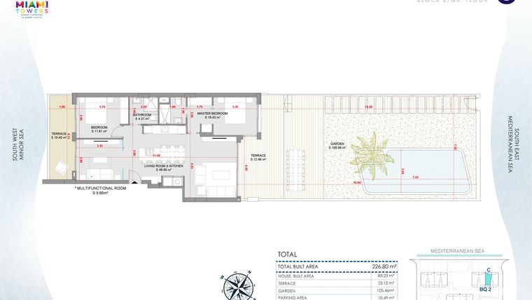 Rzut - Mieszkanie na sprzedaż 3 pokoje o powierzchni 226,8 m² - numer PB-BL2-C w Miami Towers