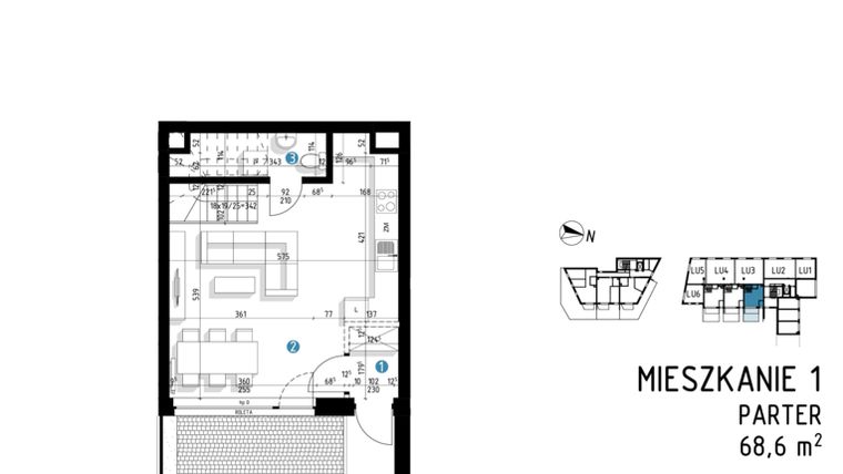 Rzut - Mieszkanie na sprzedaż 3 pokoje o powierzchni 68,6 m² - numer 6A.1 w Parkowa 6AC - ETAP III