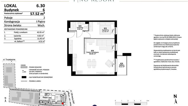 Rzut - Mieszkanie na sprzedaż 2 pokoje o powierzchni 57,52 m² - numer 6.30 w Pino Resort