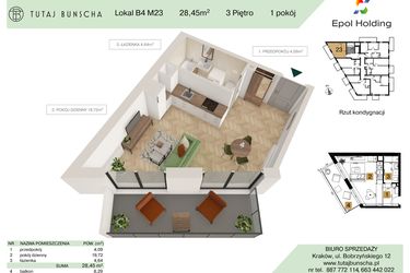 Rzut - Mieszkanie na sprzedaż 1 pokój o powierzchni 28,45 m² - numer B4.M23 w Tutaj Bunscha