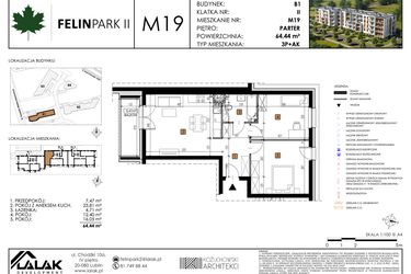 Rzut - Mieszkanie na sprzedaż 3 pokoje o powierzchni 64,42 m² - numer M19 w Felin Park II