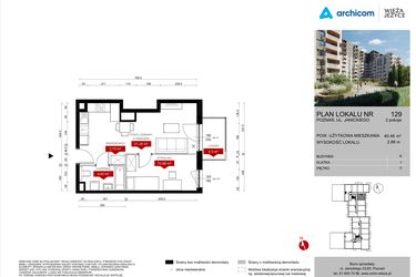 Rzut - Mieszkanie na sprzedaż 2 pokoje o powierzchni 40,48 m² - numer K.129 w Wieża Jeżyce etap V