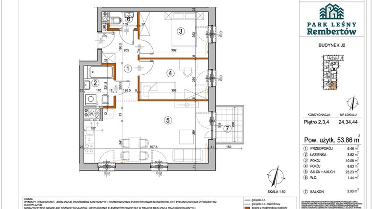 Rzut - Mieszkanie na sprzedaż 3 pokoje o powierzchni 53,84 m² - numer J2-24 w Park Leśny Rembertów etap VIII