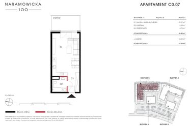 Rzut - Mieszkanie na sprzedaż 1 pokój o powierzchni 38,82 m² - numer C 0.07 w Naramowicka 100