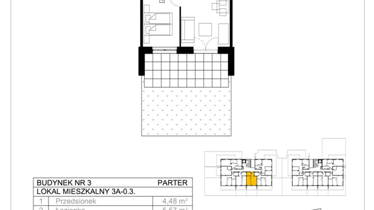Rzut - Mieszkanie na sprzedaż 2 pokoje o powierzchni 42,96 m² - numer 3A-0.3 w Gardenia Pogodno