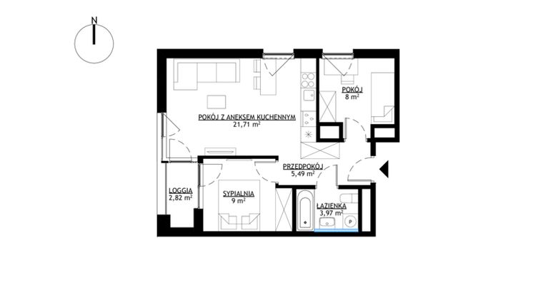 Rzut - Mieszkanie na sprzedaż 3 pokoje o powierzchni 48,17 m² - numer M2 w KrakoVska etap 2