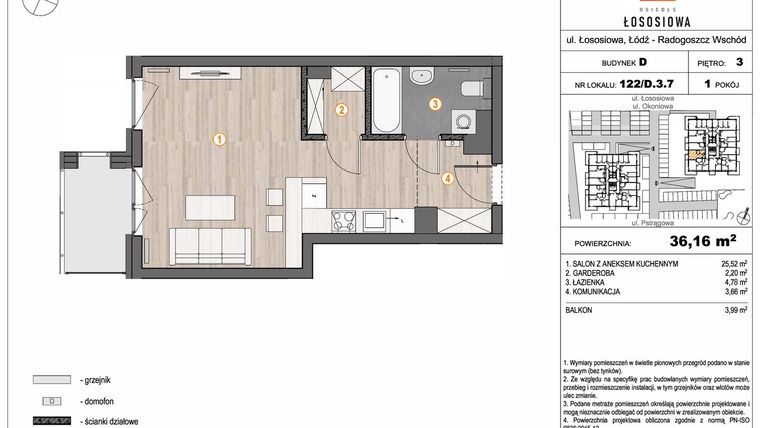 Rzut - Mieszkanie na sprzedaż 1 pokój o powierzchni 36,16 m² - numer 122 - D3.7 w Osiedle Łososiowa