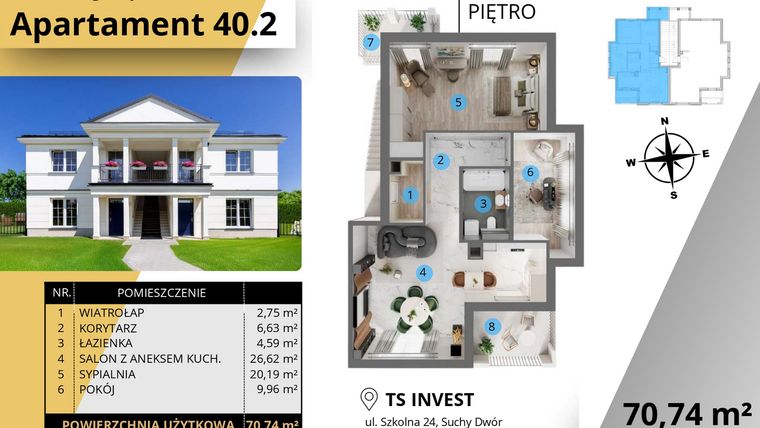 Rzut - Mieszkanie na sprzedaż 3 pokoje o powierzchni 70,73 m² - numer 40.2. w Ogrody Tesoro VI