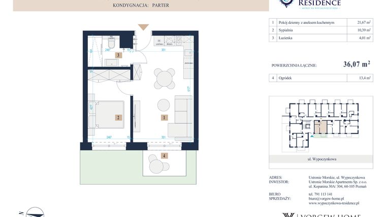 Rzut - Mieszkanie na sprzedaż 2 pokoje o powierzchni 36,07 m² - numer 17 w Wypoczynkowa Residence